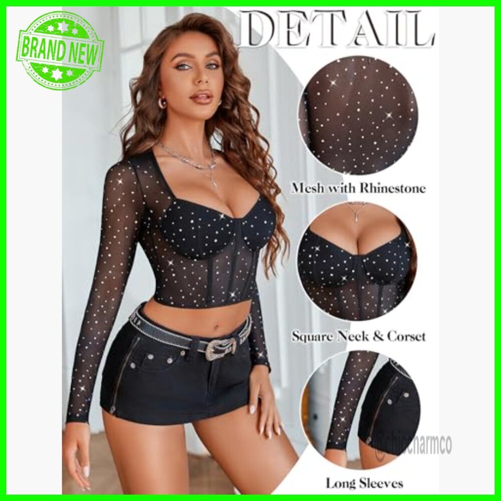 Long Sleeve Mesh Crop Top with Sparkle Square Neck Y2K Style - Picture 3 of 7